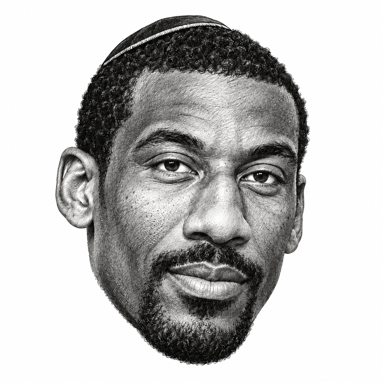 AI-generated black-and-white head-only illustration of Amar’e Stoudemire