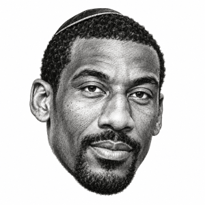 AI-generated black-and-white head-only illustration of Amar’e Stoudemire