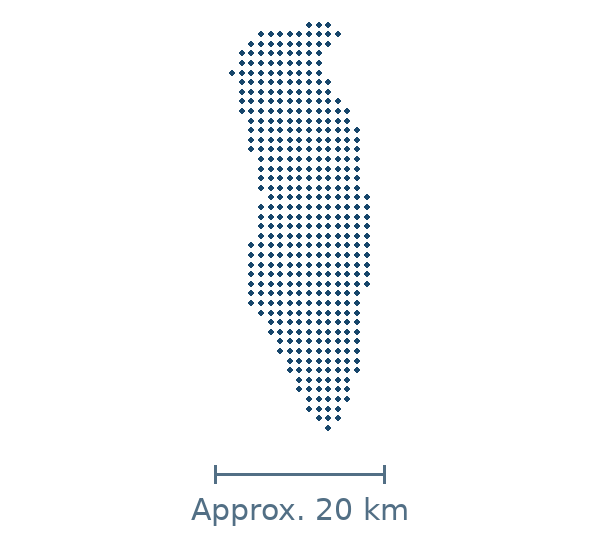 Blue dotted geographic map of bahrain, with approximate distance scale