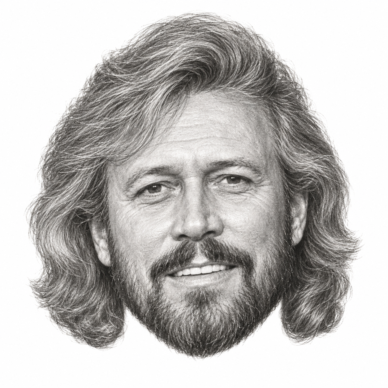 AI-generated head-only pencil portrait of Barry Gibb