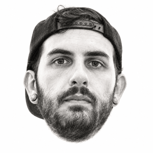 AI-assisted head-only pencil portrait of Borgore