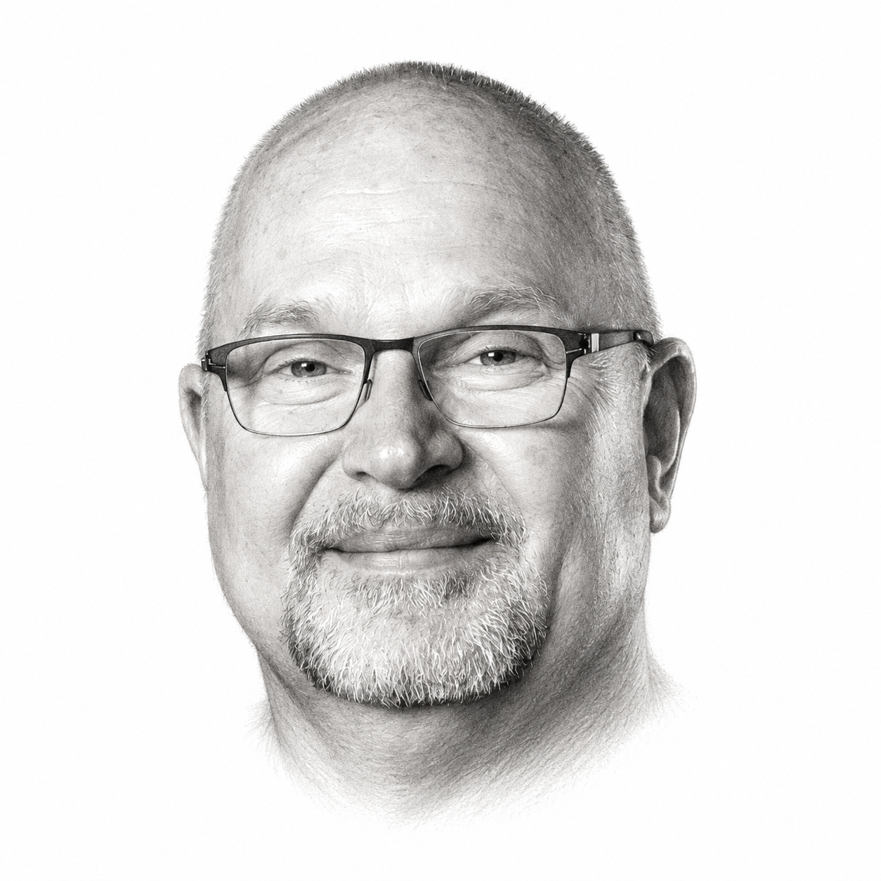 AI-assisted graphite portrait illustration of Dr. Jürgen Bühler