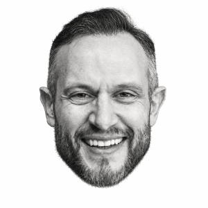 Pencil head portrait of Calev Myers