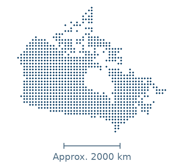 Blue dotted geographic map of canada, with approximate distance scale