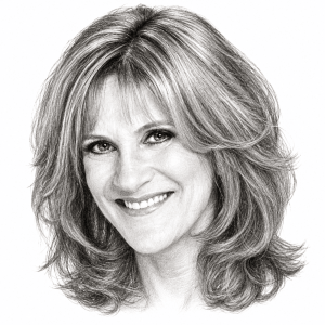 AI-assisted head-only pencil portrait of Carol Leifer