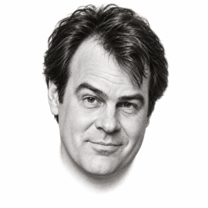 AI-assisted head-only pencil portrait of Dan Aykroyd