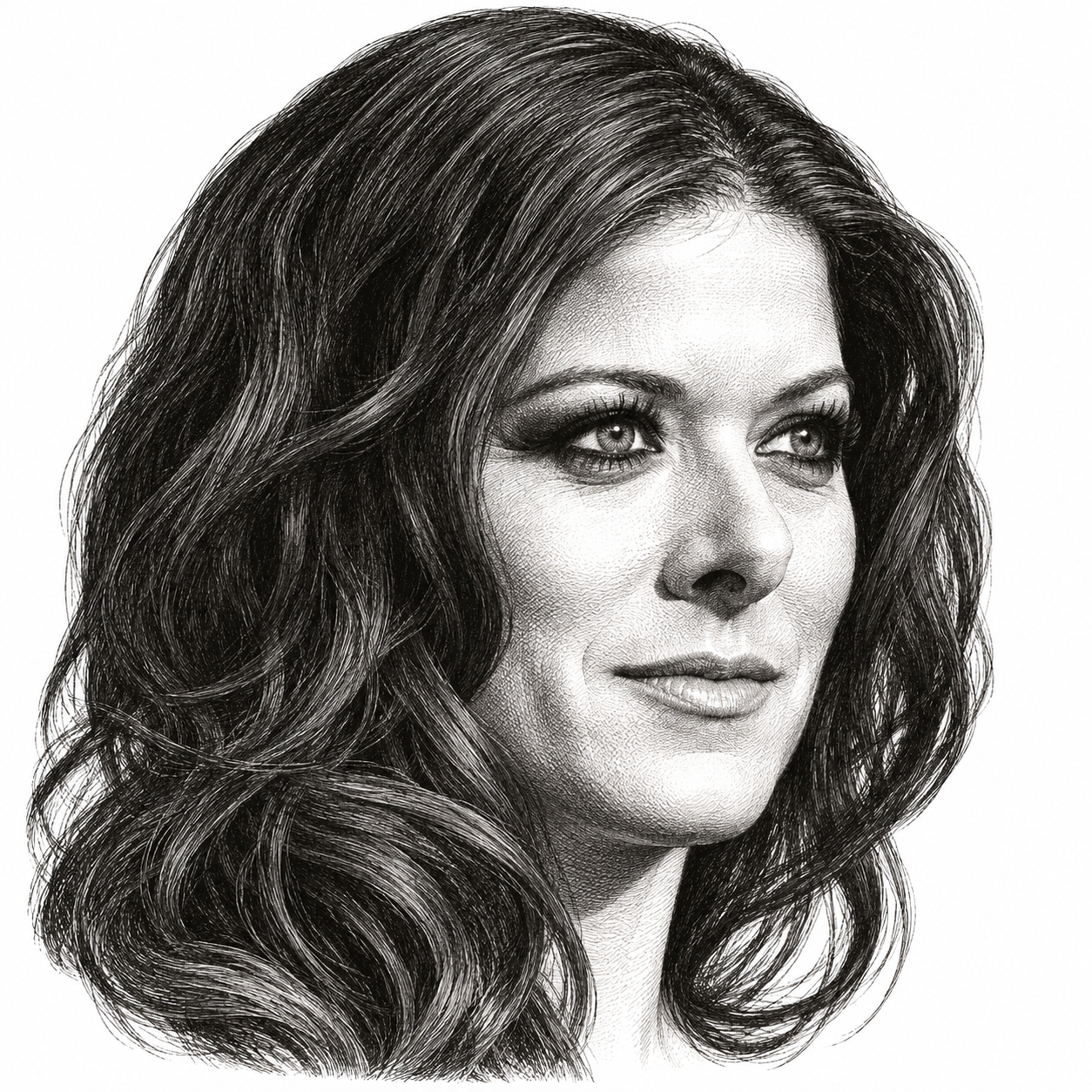 Black-and-white illustration of Debra Messing