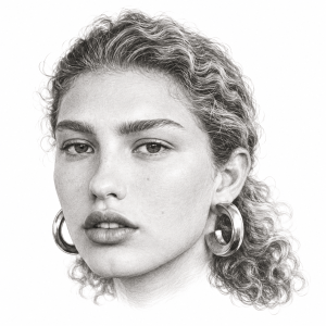 AI-assisted head-only pencil portrait of Dorit Revelis