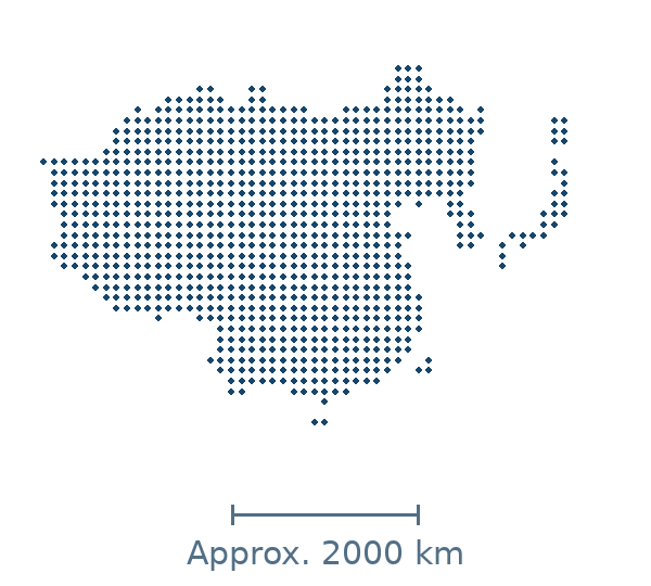 Blue dotted geographic silhouette of China, Japan, Mongolia, North Korea, South Korea, Taiwan, with an approximate distance scale