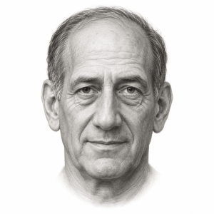 AI-generated pencil portrait of Ehud Olmert