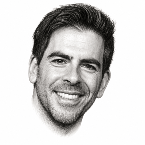 AI-assisted head-only pencil portrait of Eli Roth