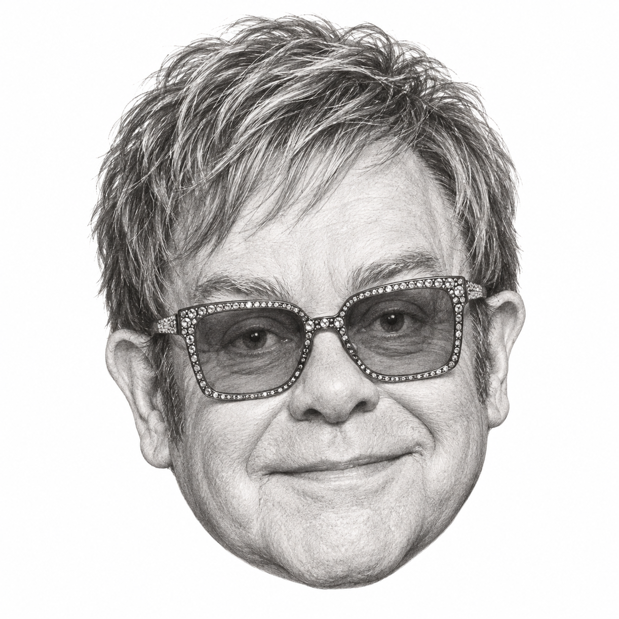 AI-generated head-only pencil portrait of Elton John