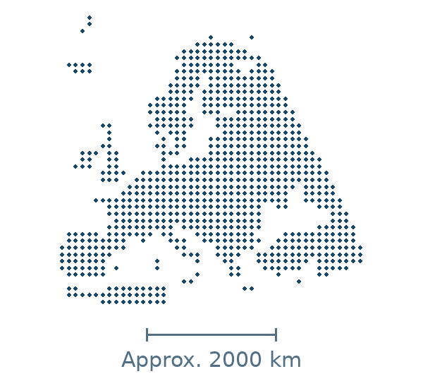 Blue dotted regional map of Europe and nearby coasts, cropped to 25 degrees west–45 degrees east and 34–72 degrees north