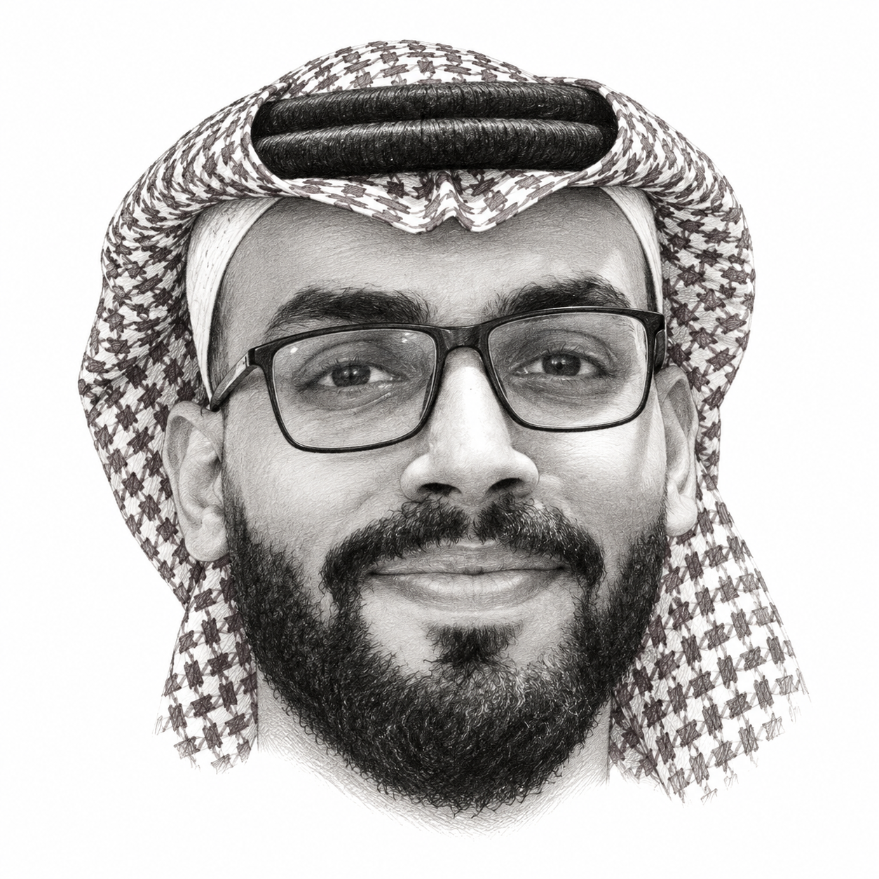 AI-assisted black-and-white portrait of Mohammed Saud