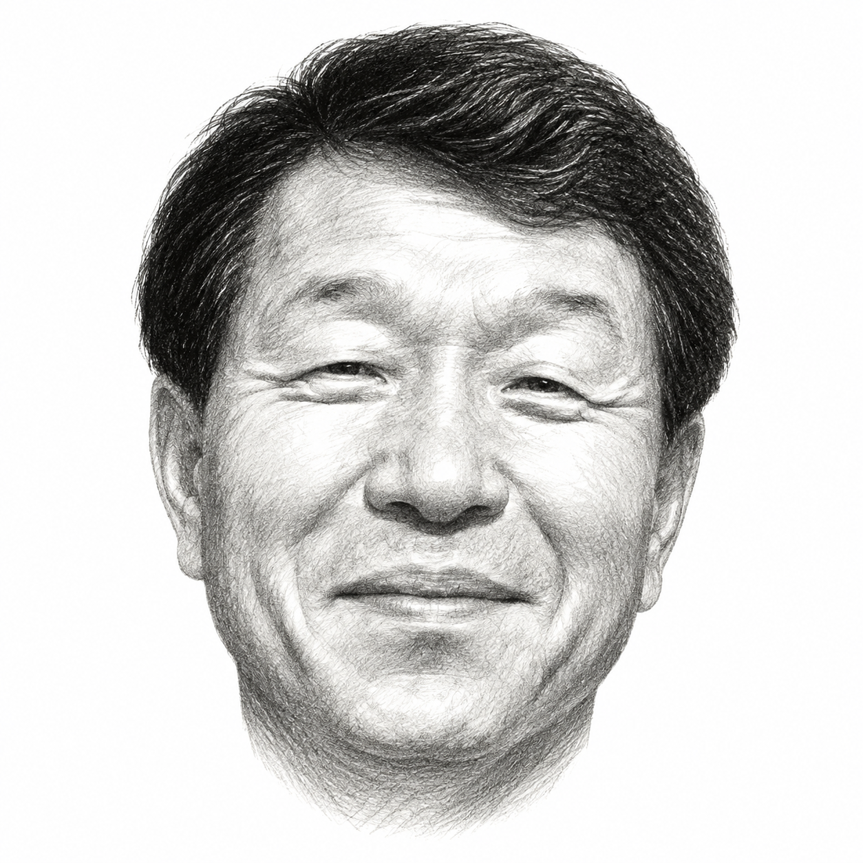 AI-assisted black-and-white pencil portrait of Mansuk Song