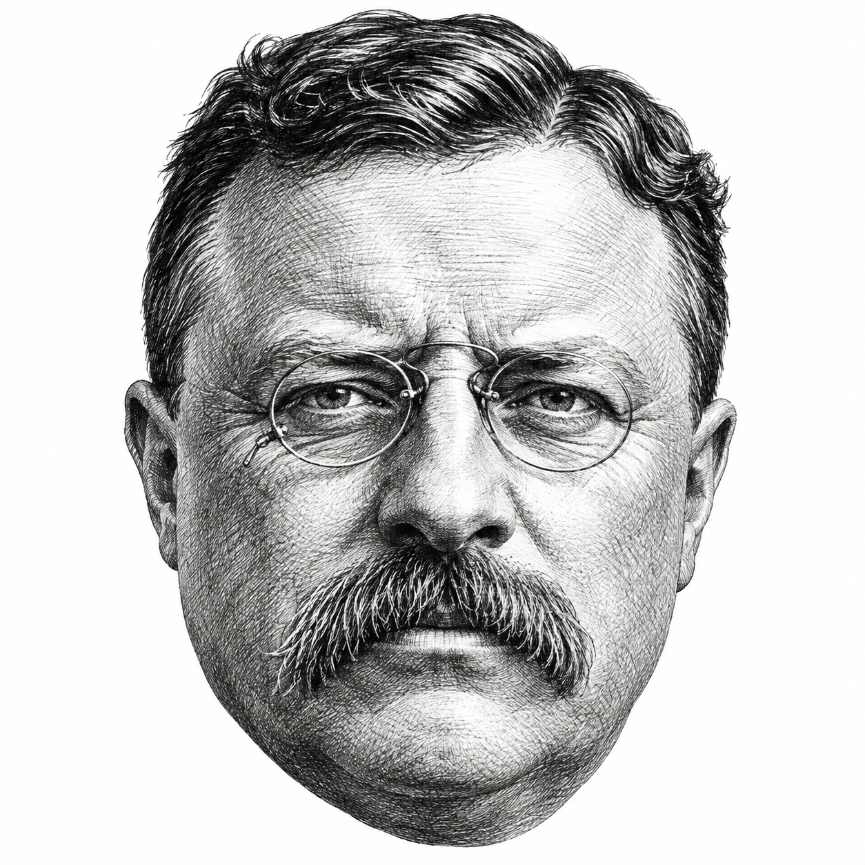 AI-generated black-and-white head-only illustration of Theodore Roosevelt