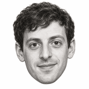 AI-generated head-only graphite portrait of Alex Edelman