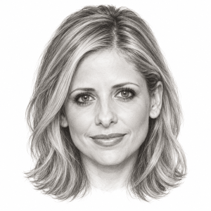 AI-assisted graphite portrait of Sarah Michelle Gellar