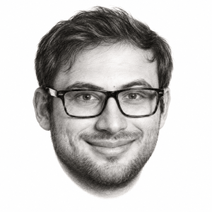 AI-assisted head-only pencil portrait of Rabbi Daniel Levine