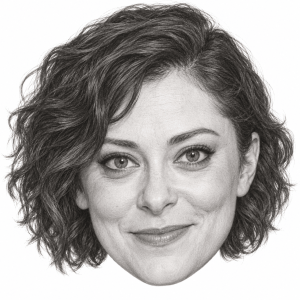 AI-generated head-only graphite portrait of Rachel Bloom
