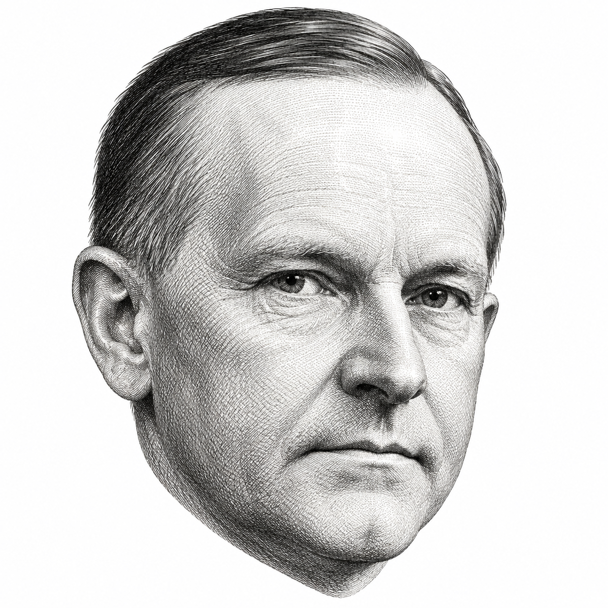 AI-generated black-and-white head-only illustration of Calvin Coolidge