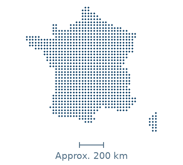 Blue dotted map of france in Europe, with approximate distance scale