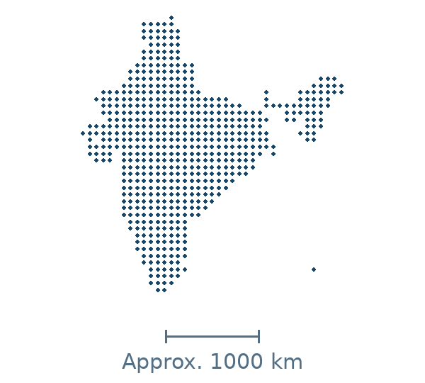 Blue dotted map of India, with an approximate distance scale