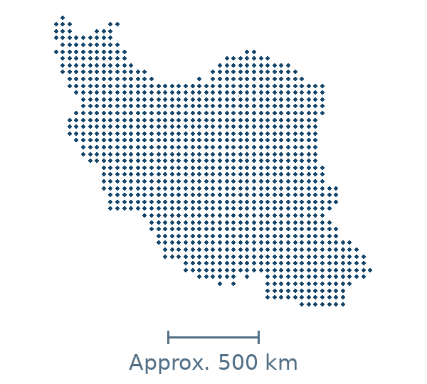 Blue dotted geographic map of iran, with approximate distance scale