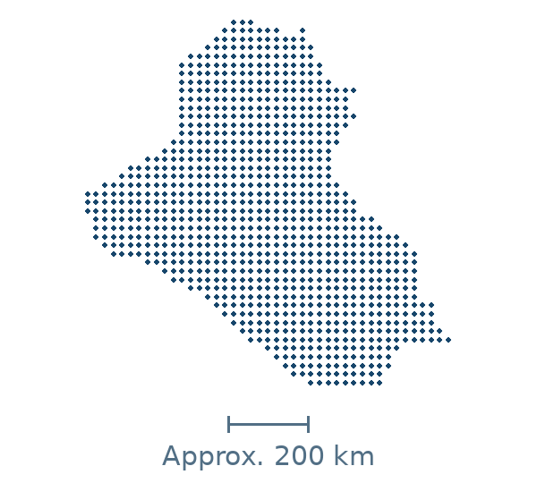 Blue dotted geographic map of iraq, with approximate distance scale