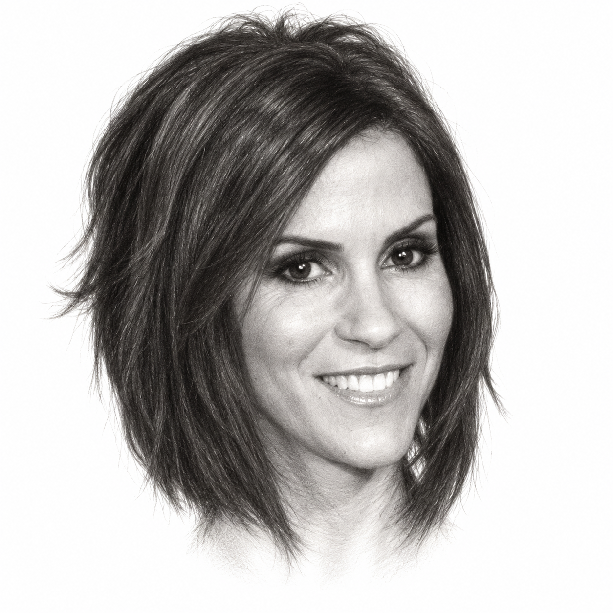 AI-assisted black-and-white head-only portrait illustration of Jami Gertz