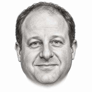 AI-assisted pencil head portrait of Jared Polis