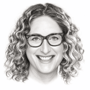AI-assisted head-only pencil portrait of Judy Gold