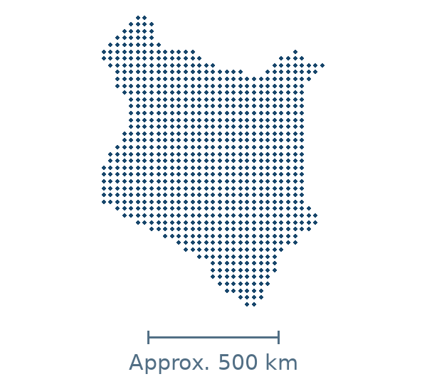 Blue dotted geographic map of kenya, with approximate distance scale