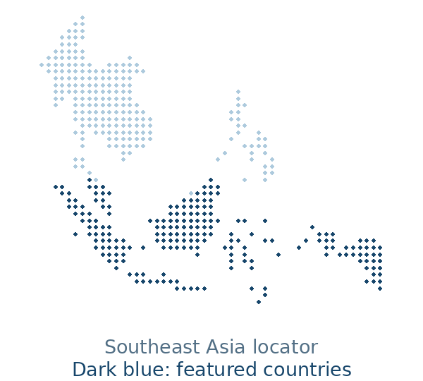 Southeast Asia dotted locator map: Malaysia and Indonesia highlighted in dark blue, neighbors in light blue