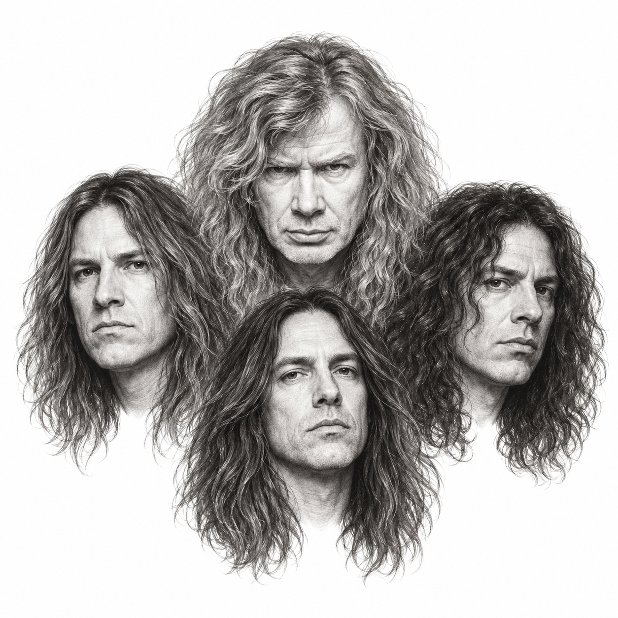 AI-generated pencil illustration of Megadeth band members