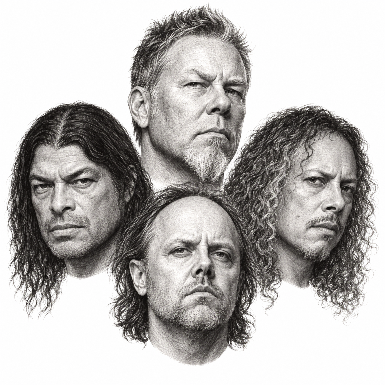 AI-generated pencil illustration of Metallica band members