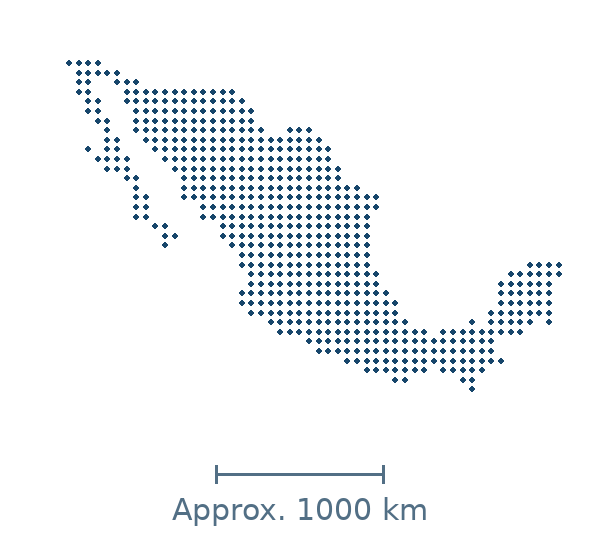 Blue dotted geographic map of mexico, with approximate distance scale