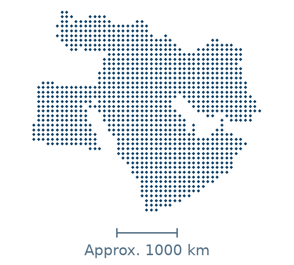 Blue dotted geographic map of middle east, with approximate distance scale