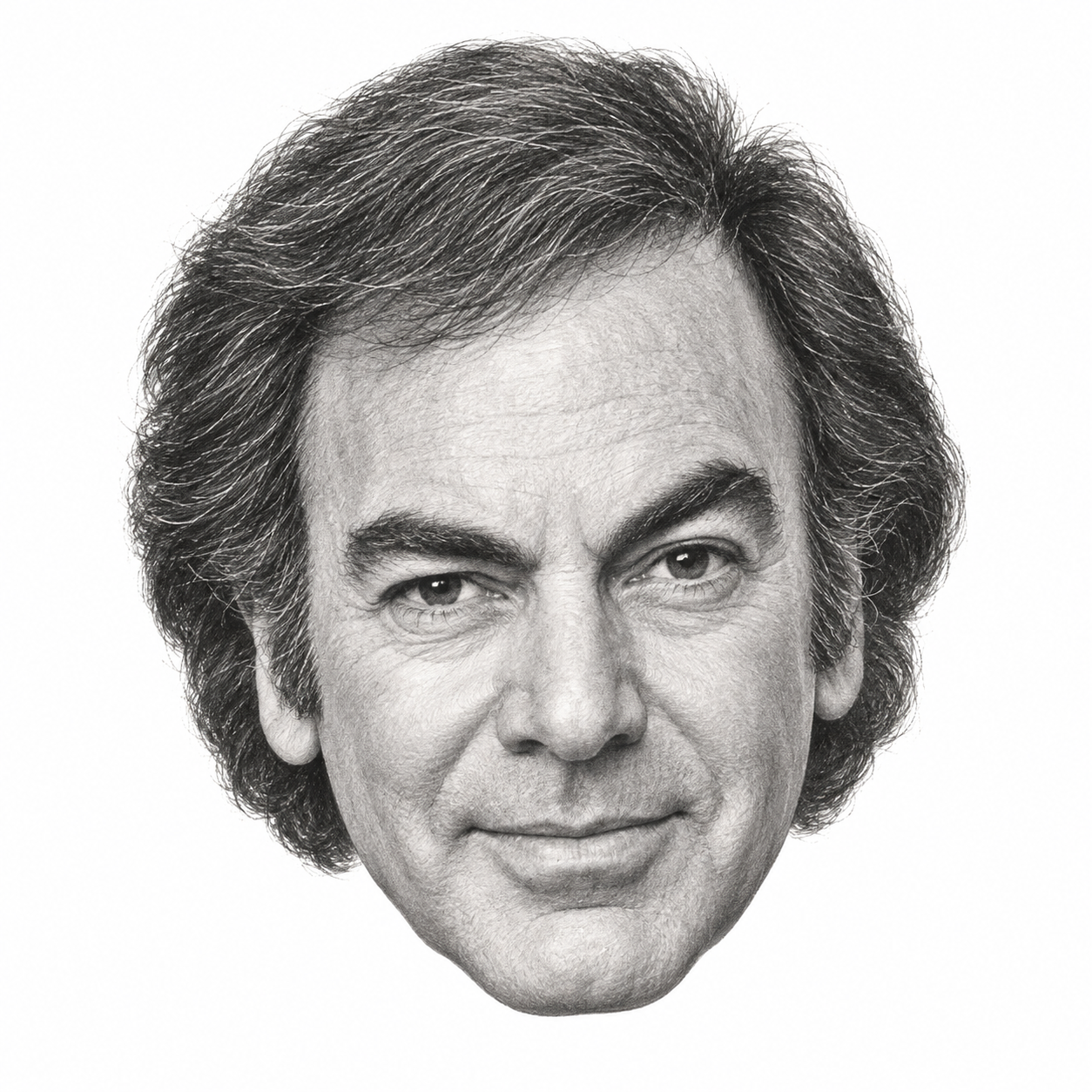 AI-generated head-only pencil portrait of Neil Diamond