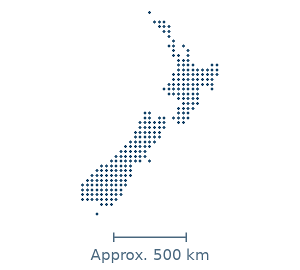Blue dotted map of New Zealand’s main islands, with approximate distance scale