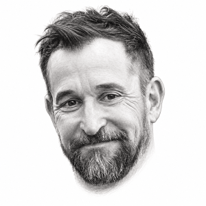 AI-assisted head-only pencil portrait of Noah Wyle