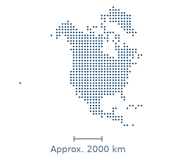 Blue dotted geographic map of north america, with approximate distance scale