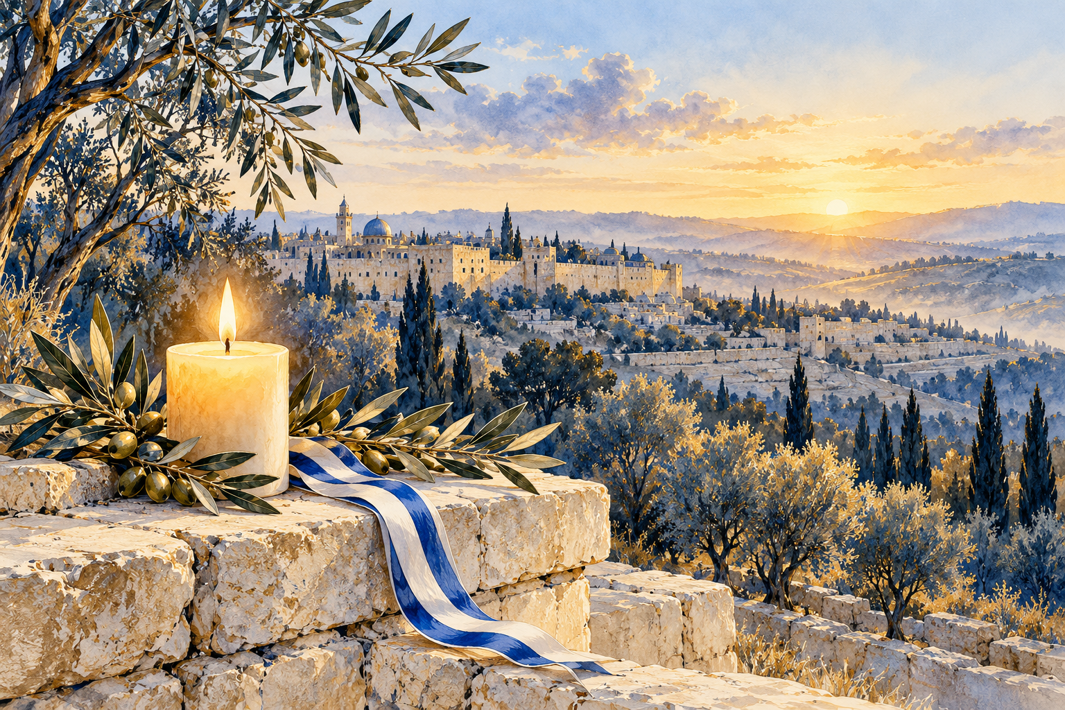 Blue-and-gold memorial illustration of a candle, olive branches and a blue-and-white ribbon overlooking Jerusalem at dawn