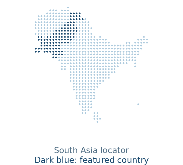 Blue dotted map of Pakistan in South Asia, dark blue marks the featured country and light blue the region