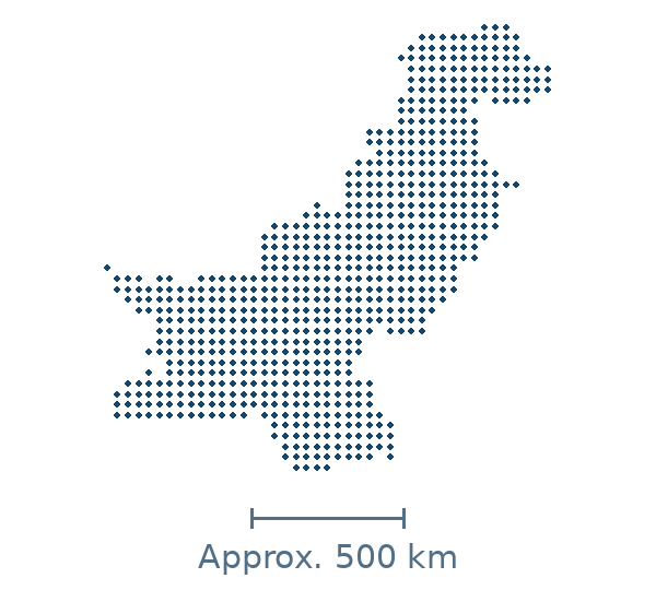 Blue dotted map of Pakistan, with an approximate distance scale