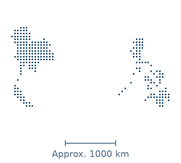 Blue dotted geographic silhouette of Philippines, Thailand, with an approximate distance scale