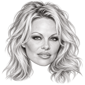 Head-only graphite portrait of Pamela Anderson