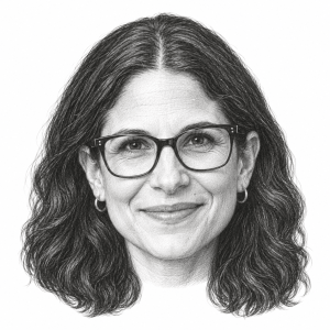 AI-generated head-only pencil portrait of Rabbi Sharon Brous