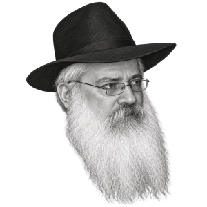 Head-only pencil portrait illustration of Rabbi Manis Friedman