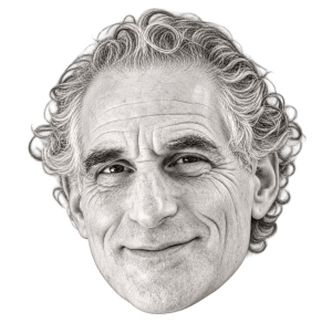 Head-only pencil portrait illustration of Rabbi Jeffrey Kamins